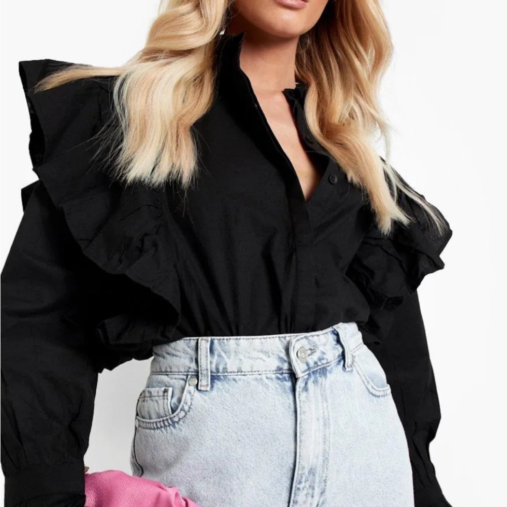 Boohoo Black Ruffle Sleeve Blouse